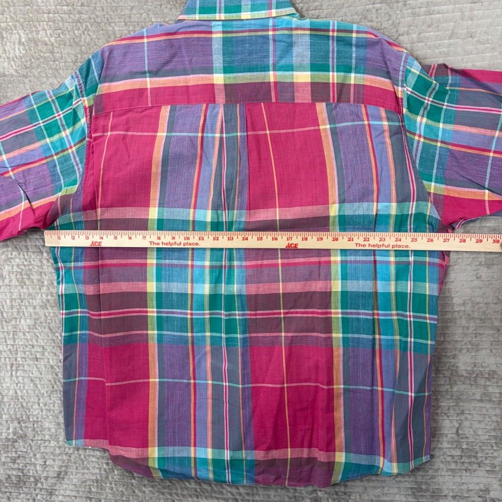 Vintage Lands End Mens XXL Madras Plaid Short Sleeve Button Down Shirt Pink USA - Picture 7 of 7